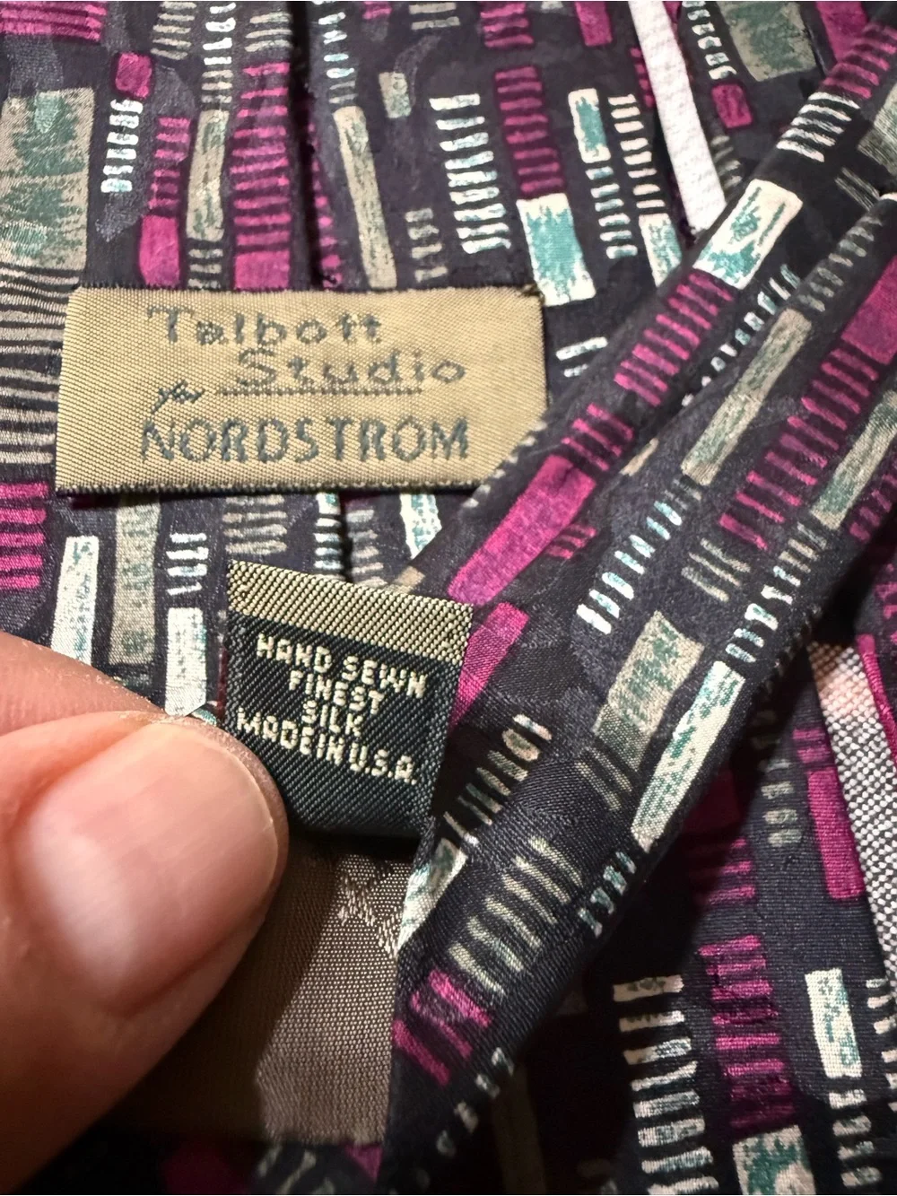 Nordstrom Black Tie with Magenta and Teal Geometric Pattern